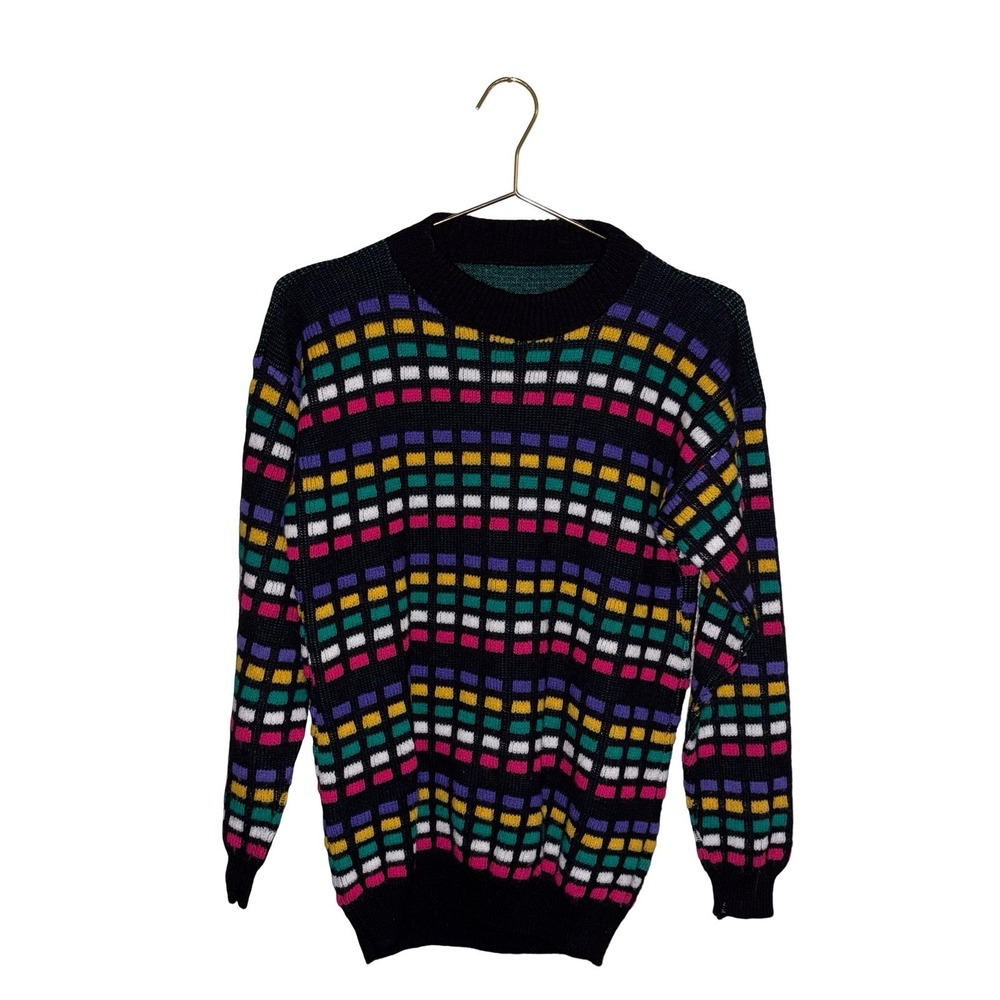 Vintage Geometric‎ Knit Sweater Multi-Color Block Crewneck Pullover Size Large